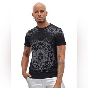 Men Rhinestone Medusa Greek Pattern Crew-neck T-Shirt